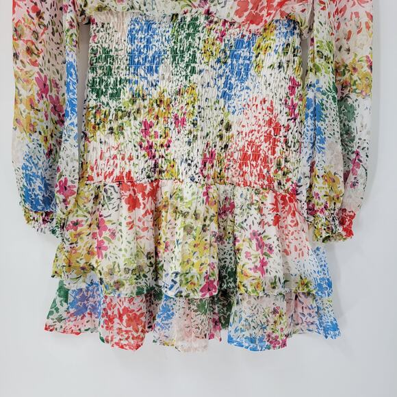 AQUA Womens‎ Dress S Cream Blue Floral Smocked Ruffle Trim Long Sleeve Mini - Picture 10 of 14